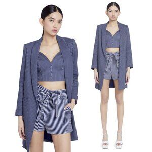 NEW Alice + Olivia Kylie Shawl Linen Blend Blazer Jacket Blue Pinstripe Academia
